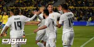 Real Madrid's players celebrate after scoring during the Spanish league football match UD Las Palmas vs Real Madrid CF at the Gran Canaria stadium in Las Palmas de Gran Canaria on March 13, 2016. / AFP / DESIREE MARTIN (Photo credit should read DESIREE MARTIN/AFP/Getty Images)